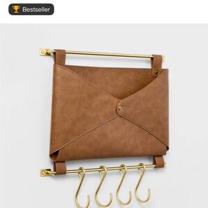 Brown Leather Wall Organizer with Gold Hooks